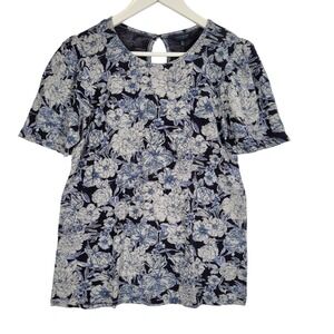 Lucky Brand Navy Blue Floral Cotton Short Sleeve Blouse Keyhole Back Medium
